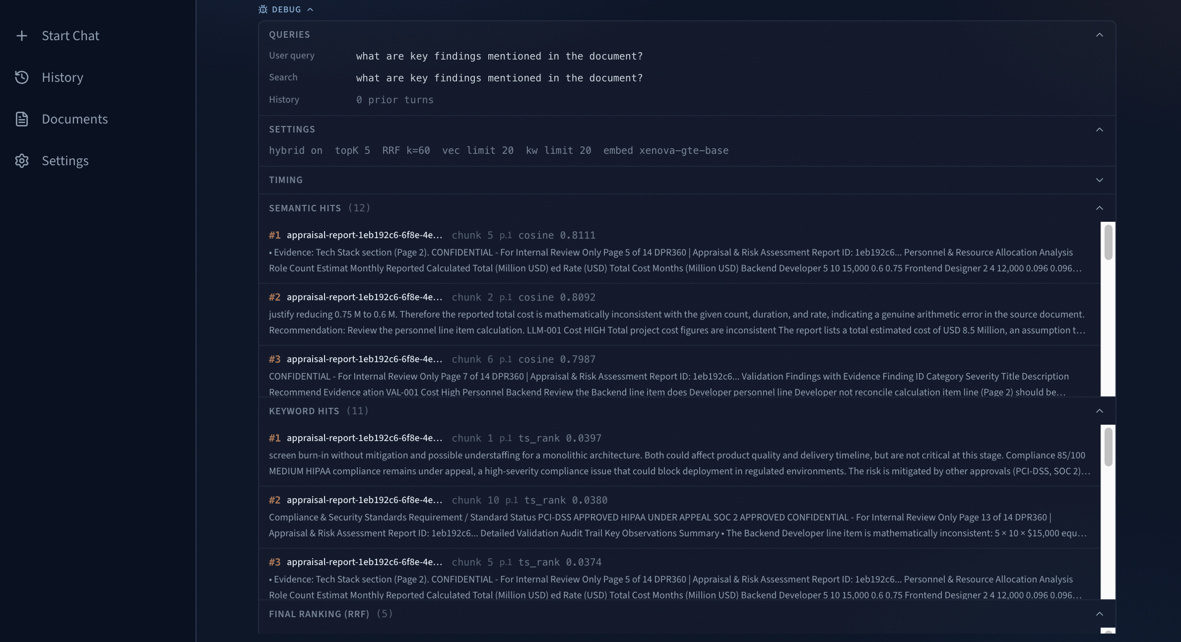 Retrieval Debug Panel UI